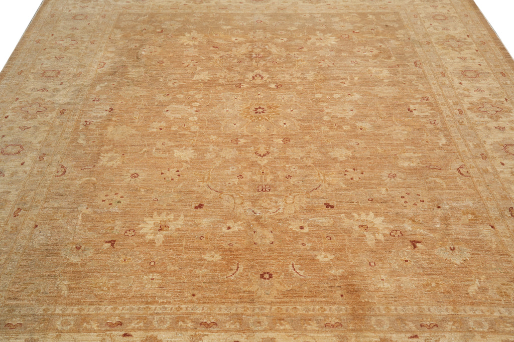 7.2 x 8.2 Squarish Hand-Knotted Chobi Peshawar Zigler Carpet Neutral Brown #F-4376