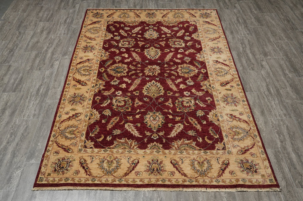 5 x 8 Natural BURGUNDY Wool Hand-Knotted Chobi Peshawar Rug - Pakistan #B-74063