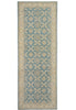 Load image into Gallery viewer, A long rectangular area rug with an ornate repeating floral and geometric pattern in muted blue and warm beige, shown flat against a plain white background.