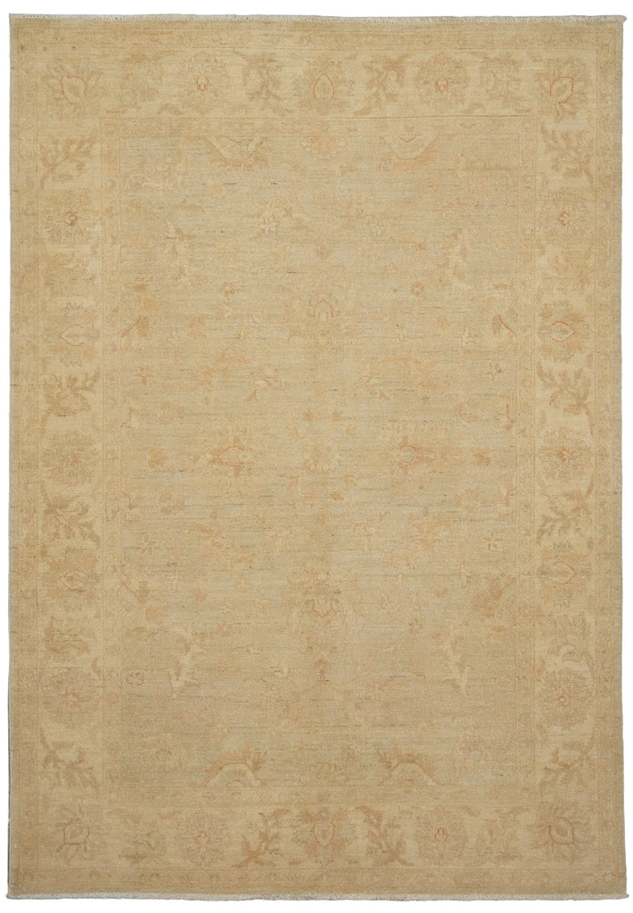 A square beige area rug with a subtle, faded traditional floral and medallion pattern throughout.