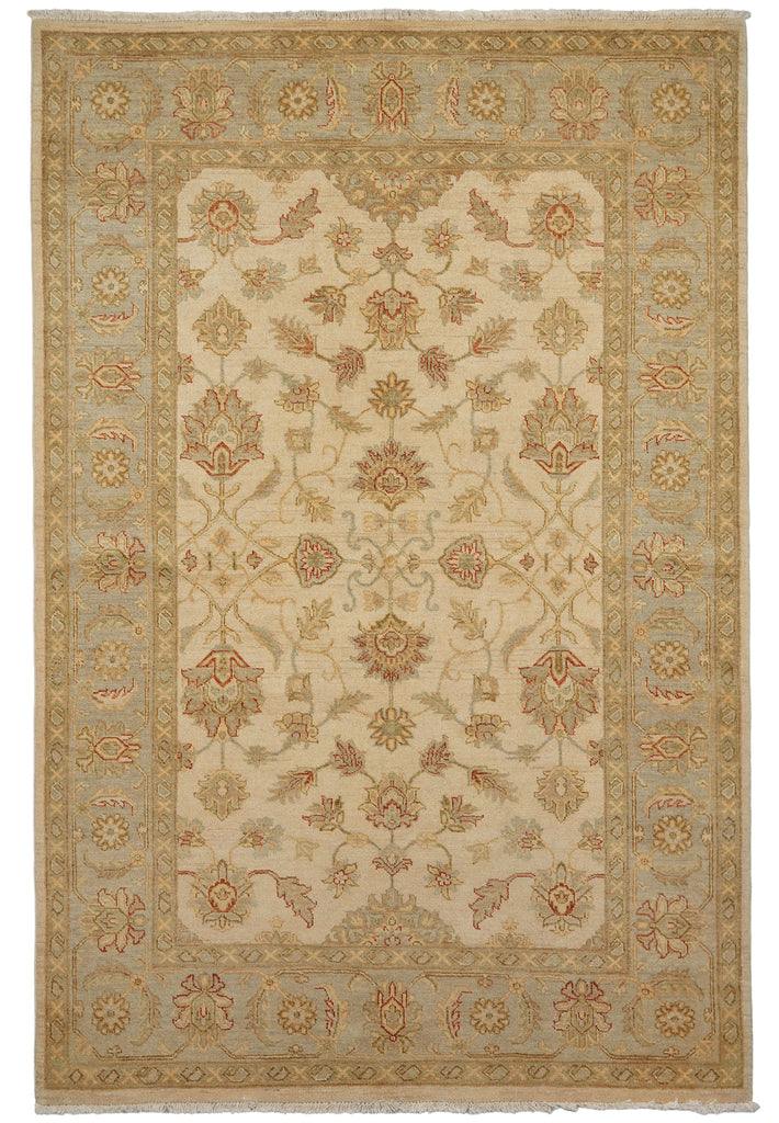 5.8 x 8 Handmade Rug Natural Wool Chobi Peshawar Beige Light Green -Pakistan #PIX-16666