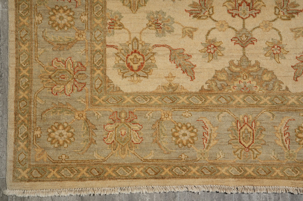 5.8 x 8 Handmade Rug Natural Wool Chobi Peshawar Beige Light Green -Pakistan #PIX-16666