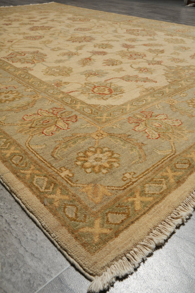 5.8 x 8 Handmade Rug Natural Wool Chobi Peshawar Beige Light Green -Pakistan #PIX-16666
