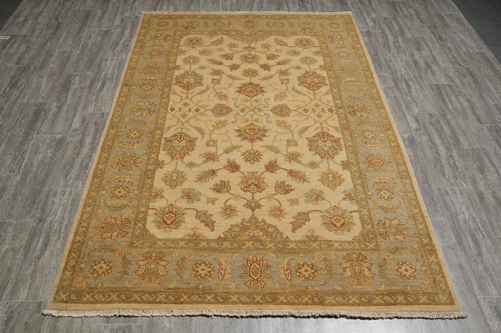 5.8 x 8 Handmade Rug Natural Wool Chobi Peshawar Beige Light Green -Pakistan #PIX-16666