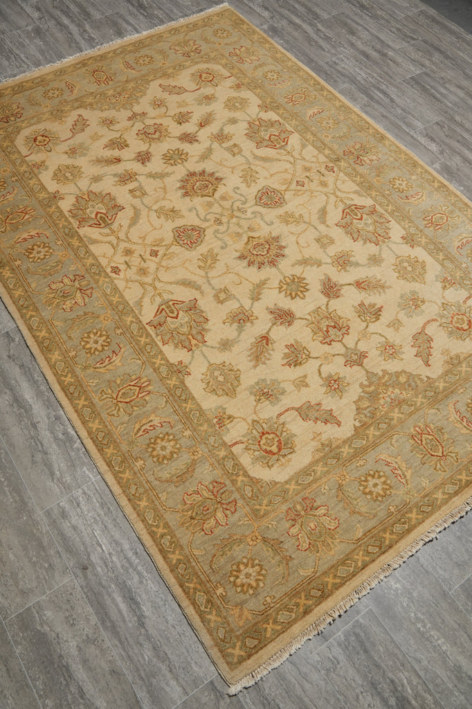5.8 x 8 Handmade Rug Natural Wool Chobi Peshawar Beige Light Green -Pakistan #PIX-16666