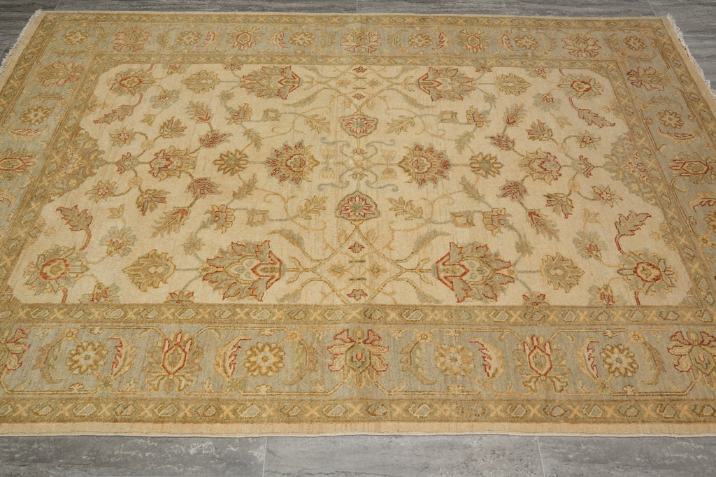 5.8 x 8 Handmade Rug Natural Wool Chobi Peshawar Beige Light Green -Pakistan #PIX-16666