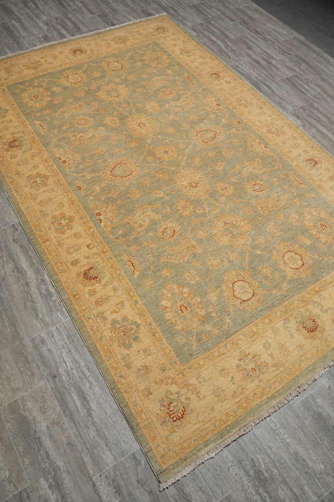 6 x 9 SAGE GREEN Natural Wool Hand-Knotted Chobi Peshawar Rug - Pakistan#PIX-18097