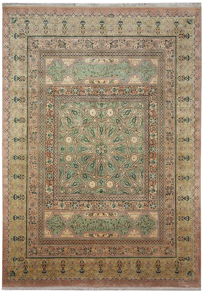 9 x 12.6 High Quality Hand-Knotted Pakistan Rug Fancy Details Green Dom #F-4381