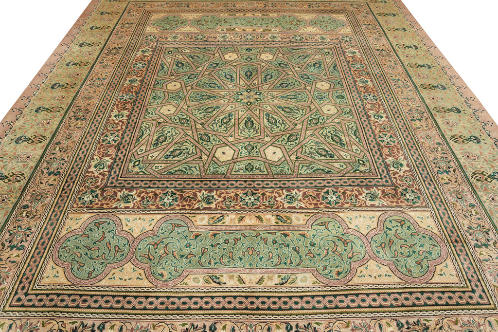 9 x 12.6 High Quality Hand-Knotted Pakistan Rug Fancy Details Green Dom #F-4381