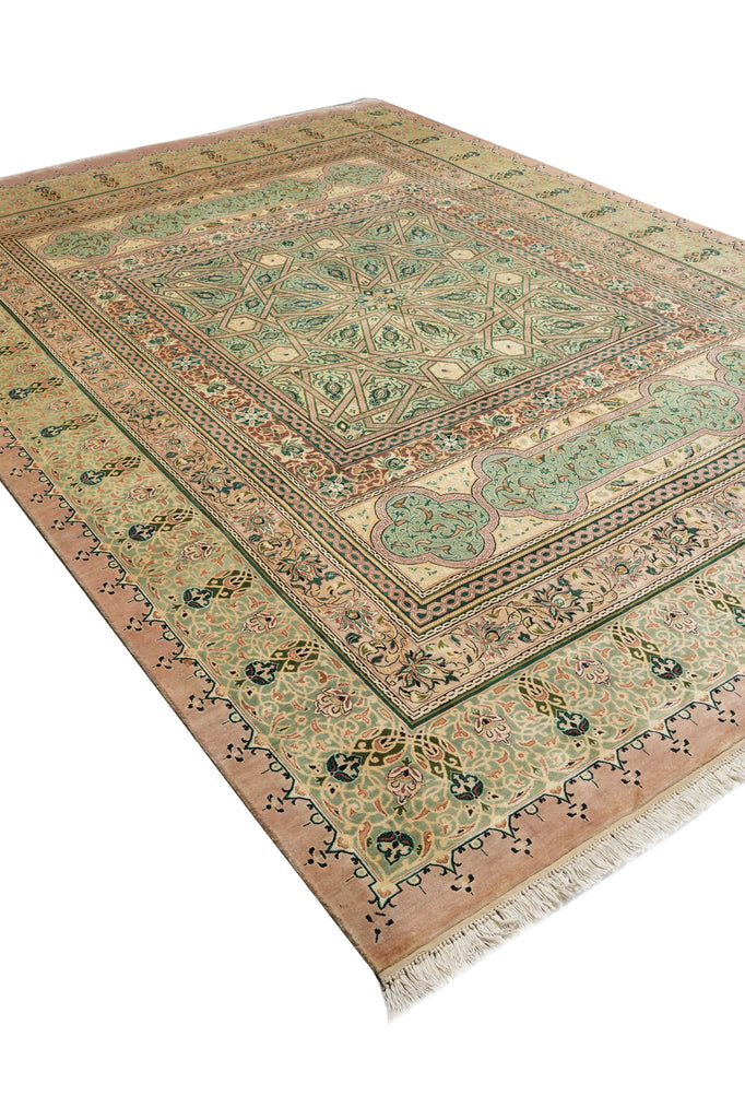 9 x 12.6 High Quality Hand-Knotted Pakistan Rug Fancy Details Green Dom #F-4381