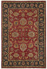 Load image into Gallery viewer, An antique-style oriental area rug with a deep red central field, featuring intricate floral and medallion motifs in beige, gold, and muted blue, surrounded by a dark navy blue border.