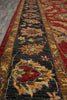 Load image into Gallery viewer, A close-up view of an ornate area rug with a dark charcoal central field, red borders, and floral motifs in beige, rust, and gold tones.
