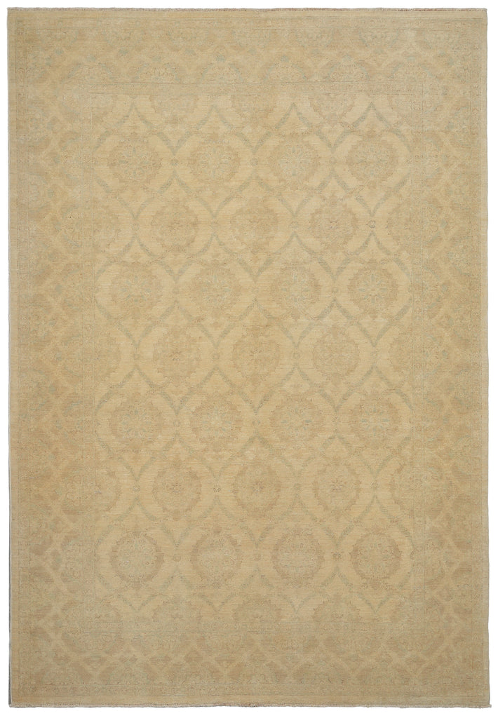 A square area rug in a warm beige color with a subtle, tonal geometric medallion pattern.