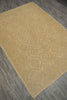 Load image into Gallery viewer, A rectangular area rug with a repeating geometric medallion pattern in warm beige and tan, shown laid out on a gray wood-look floor.