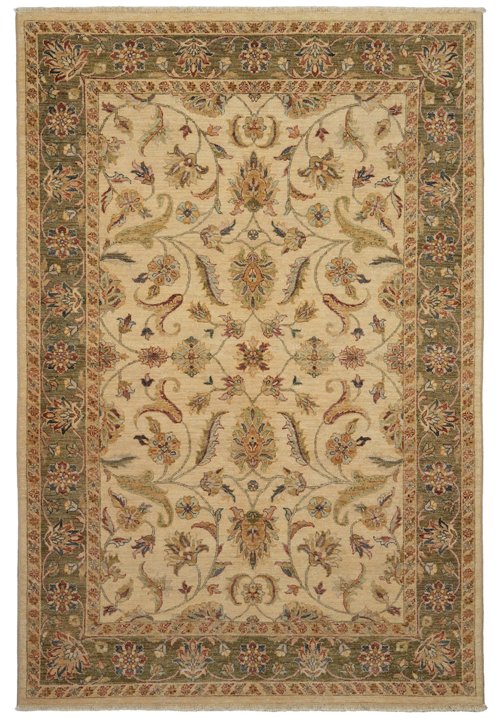 A traditional oriental-style area rug with an intricate floral and scroll pattern, featuring a beige center field, an olive green border, and accents of rust red, blue, and cream.