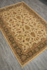 Load image into Gallery viewer, An oriental area rug with a beige center and a dark green border, featuring intricate floral and vine patterns in muted red, brown, and gold tones, laid out on a gray wood-look floor.