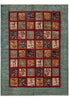 Load image into Gallery viewer, An area rug with a textured slate blue-green border and a central grid of square panels in red, beige, and navy, each containing traditional oriental motifs.