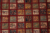 Load image into Gallery viewer, A close-up of a patterned textile or rug featuring a grid of small square panels with traditional motifs in beige, blue, green, and gold, separated by a deep red border.