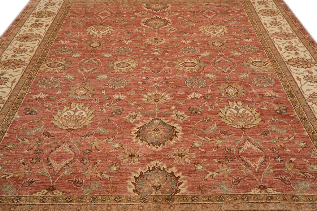 9 x 12  Salmon Rose Natural Wool Quality Agra Rug #B-72559