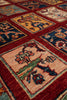 Load image into Gallery viewer, A close-up of a traditional patterned area rug with a deep red border and multiple square panels in beige, orange, and navy blue featuring floral and geometric motifs.