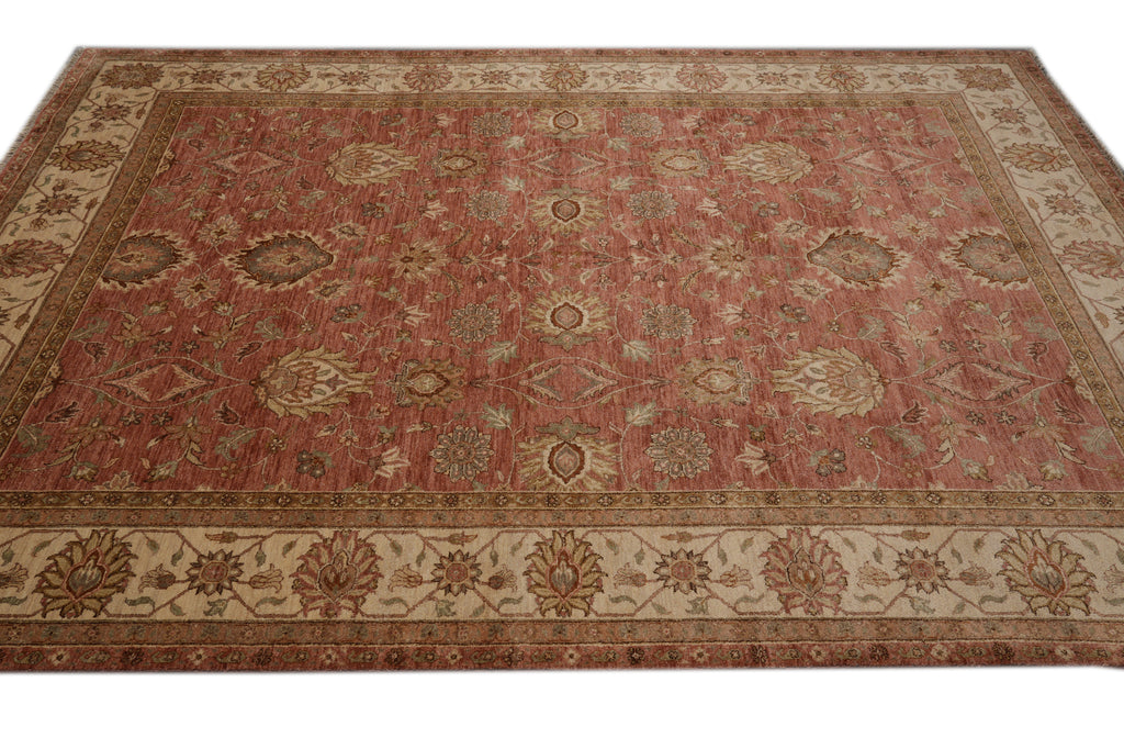 9 x 12  Salmon Rose Natural Wool Quality Agra Rug #B-72559