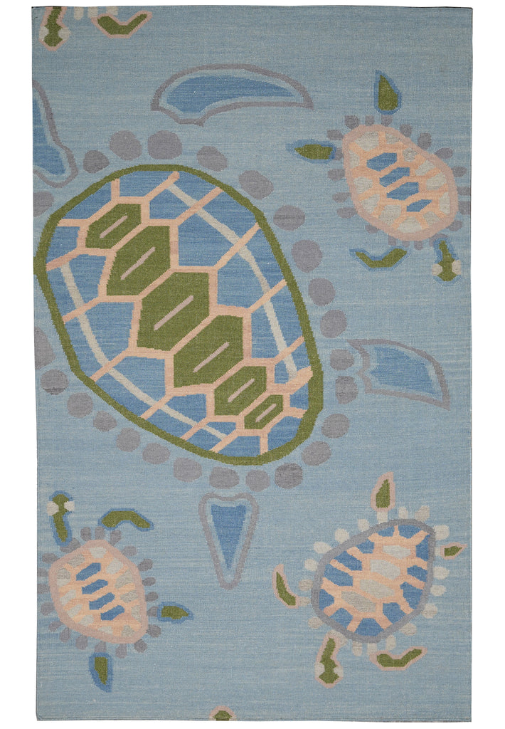 5.3 x 8 Turtle Duhrry Wool Kilim Rug Light Aqua Blue Modern