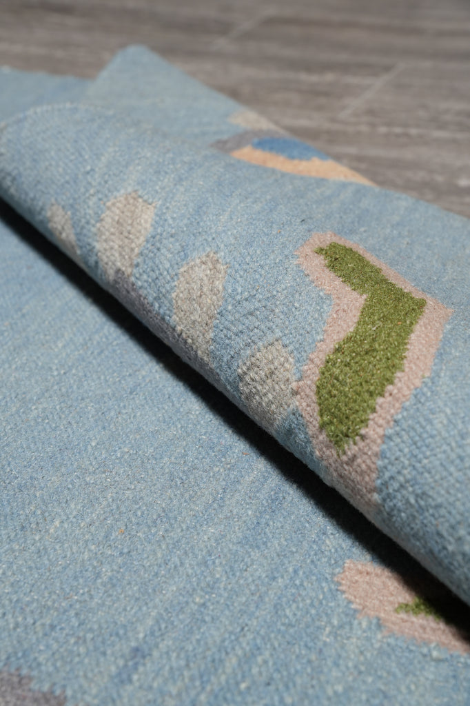 5.3 x 8 Turtle Duhrry Wool Kilim Rug Light Aqua Blue Modern #F-4628