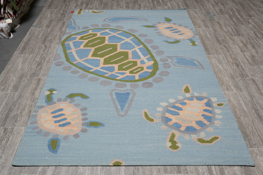 5.3 x 8 Turtle Duhrry Wool Kilim Rug Light Aqua Blue Modern #F-4628