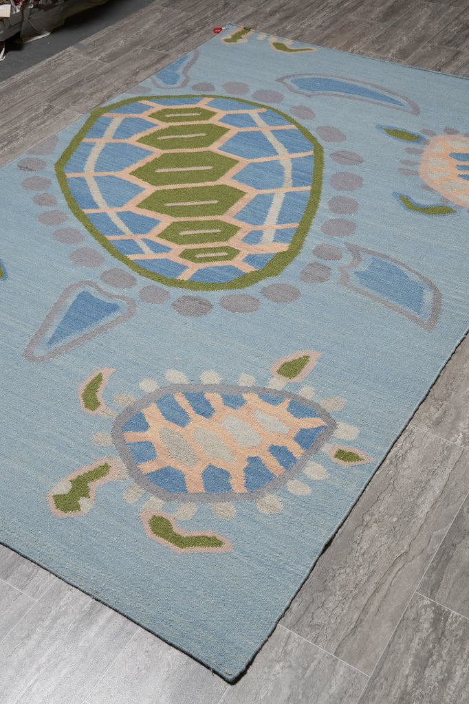 5.3 x 8 Turtle Duhrry Wool Kilim Rug Light Aqua Blue Modern #F-4628