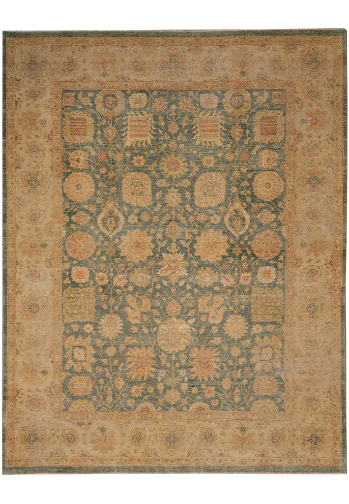 9 x 11.5 Green Hand-Knotted Natural Wool Rug #F-4383
