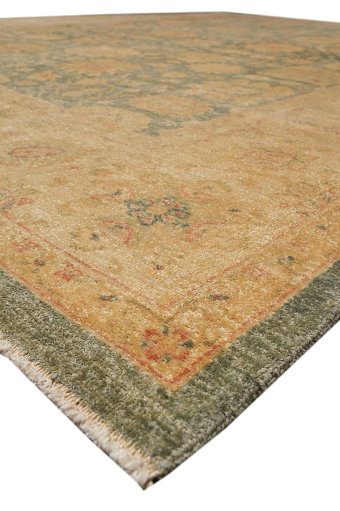 9 x 11.5 Green Hand-Knotted Natural Wool Rug #F-4383
