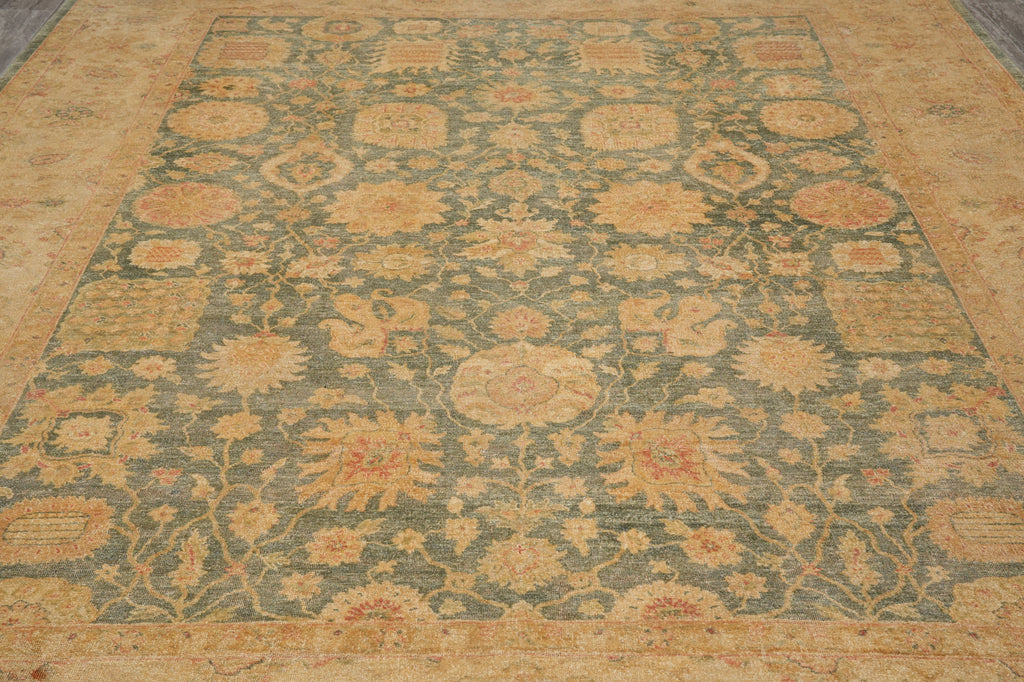 9 x 11.5 Green Hand-Knotted Natural Wool Rug #F-4383