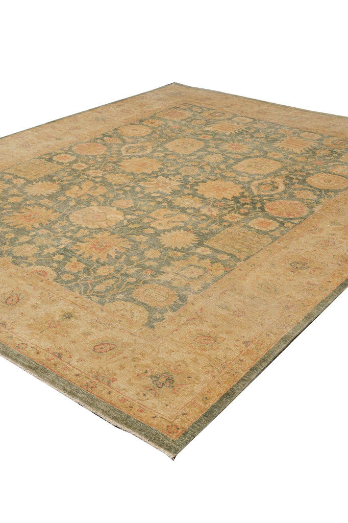 9 x 11.5 Green Hand-Knotted Natural Wool Rug #F-4383