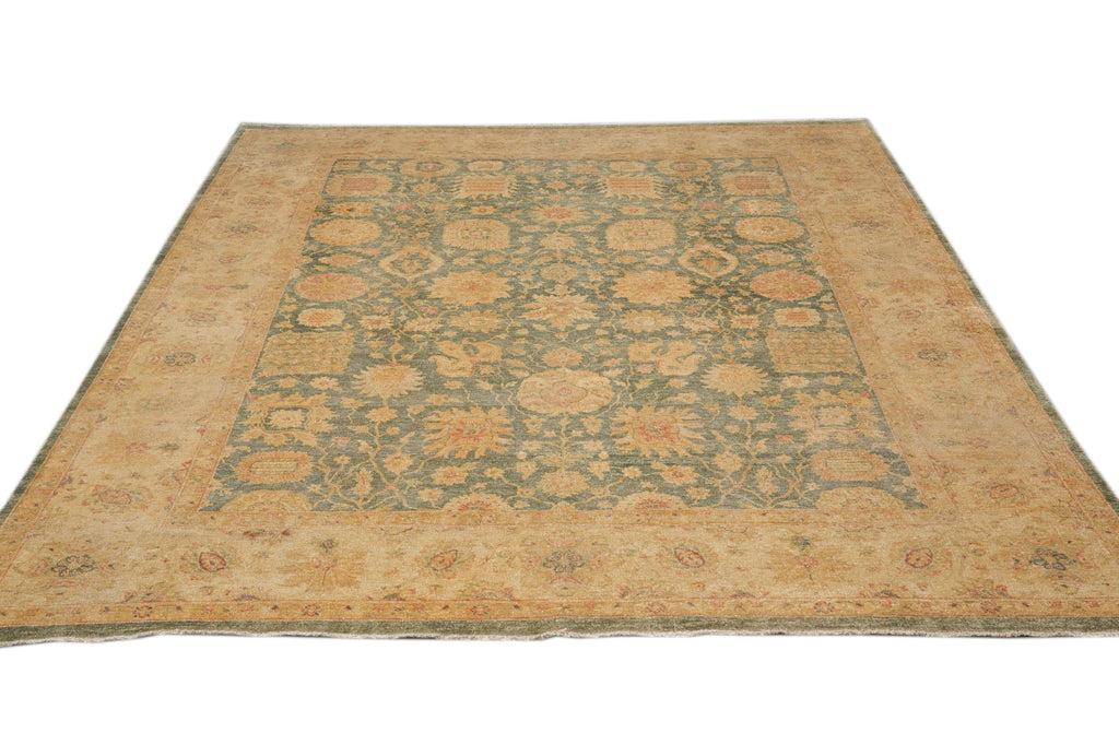 9 x 11.5 Green Hand-Knotted Natural Wool Rug #F-4383