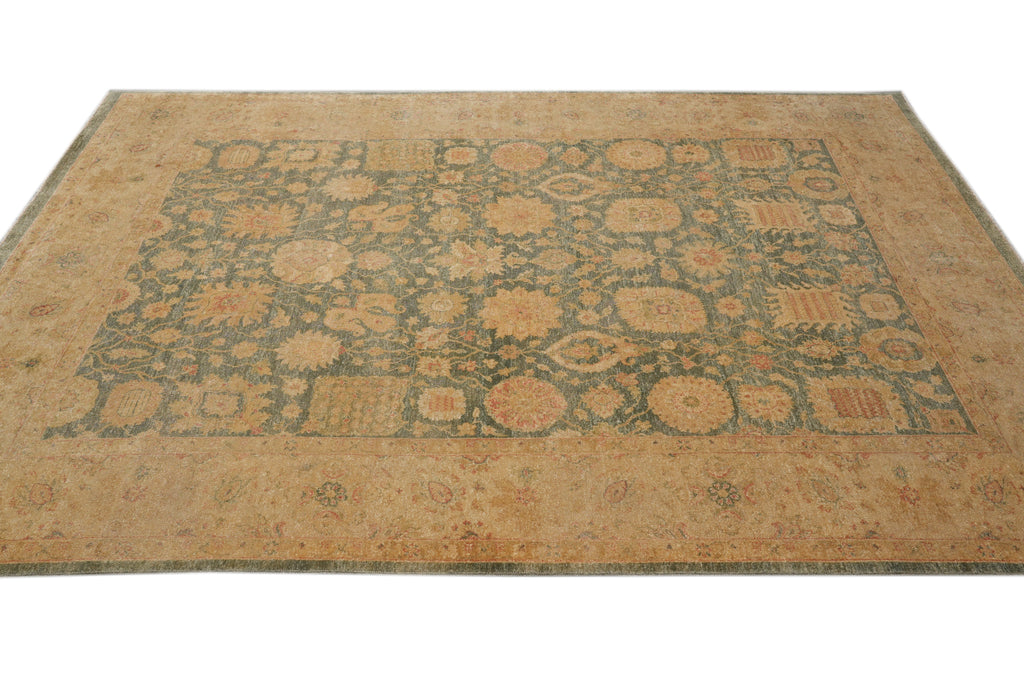 9 x 11.5 Green Hand-Knotted Natural Wool Rug #F-4383
