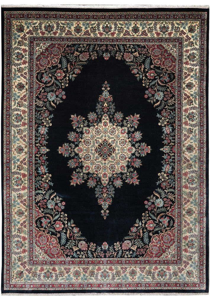 9 x 12 Midnight Black Blue Hand-Knotted Rug Kerman Pattern #F-4384