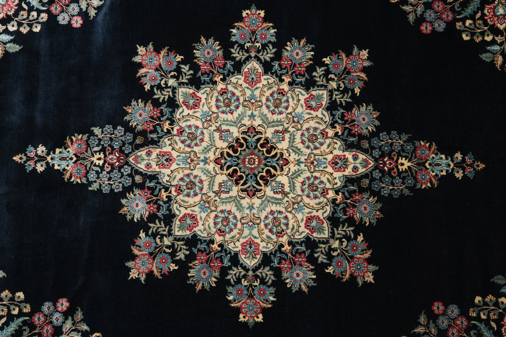 9 x 12 Midnight Black Blue Hand-Knotted Rug Kerman Pattern #F-4384