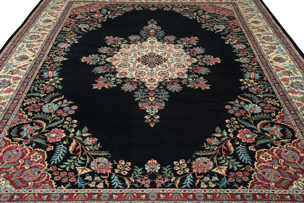 9 x 12 Midnight Black Blue Hand-Knotted Rug Kerman Pattern #F-4384