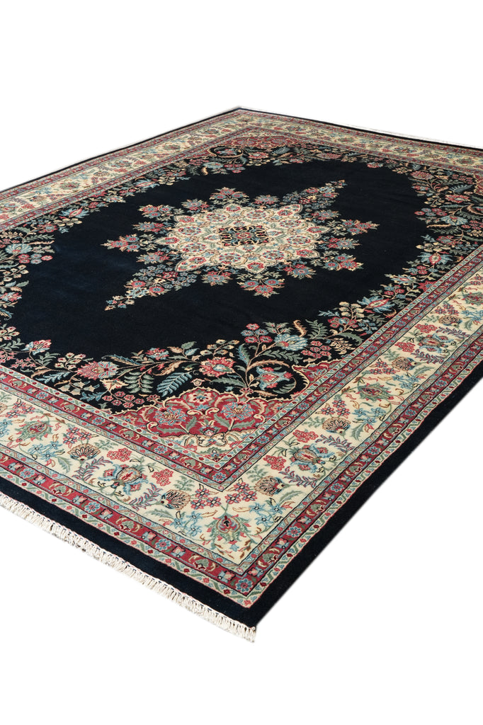 9 x 12 Midnight Black Blue Hand-Knotted Rug Kerman Pattern #F-4384