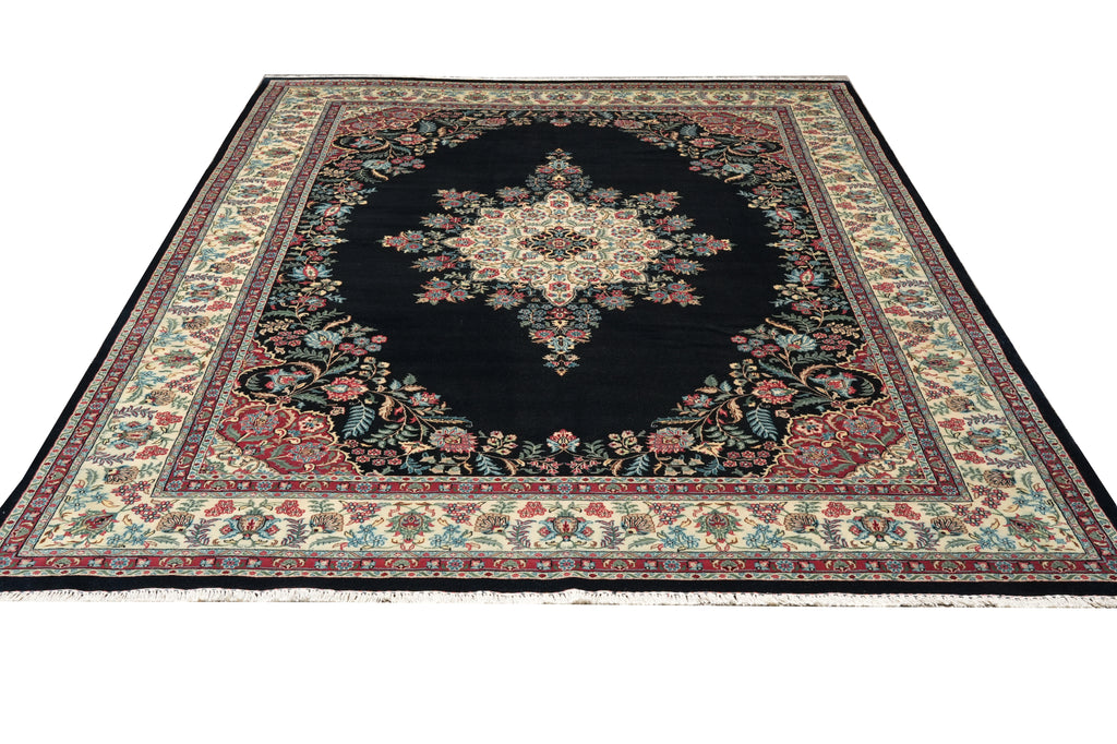 9 x 12 Midnight Black Blue Hand-Knotted Rug Kerman Pattern #F-4384