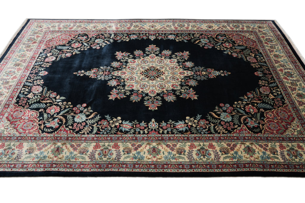 9 x 12 Midnight Black Blue Hand-Knotted Rug Kerman Pattern #F-4384