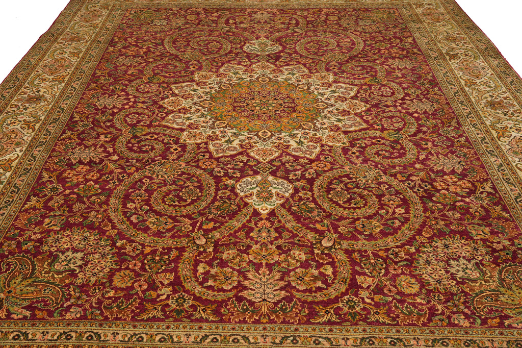 9.1 x 12.3 Quality Natural Wool Detailed Hand-Knotted Carpet Burgundy Gold #F-4388