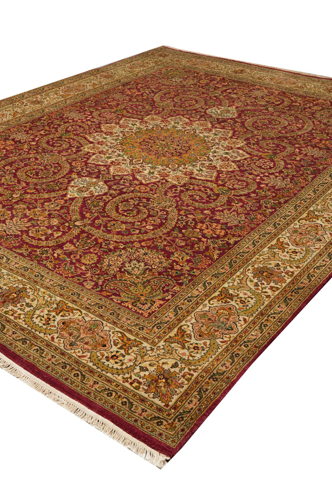 9.1 x 12.3 Quality Natural Wool Detailed Hand-Knotted Carpet Burgundy Gold #F-4388