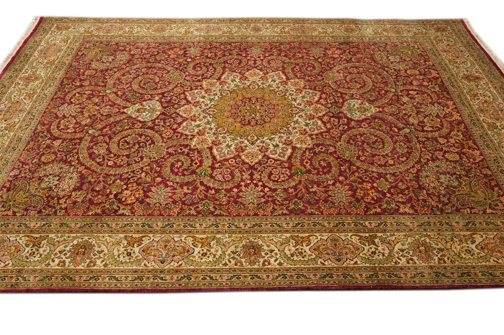 9.1 x 12.3 Quality Natural Wool Detailed Hand-Knotted Carpet Burgundy Gold #F-4388