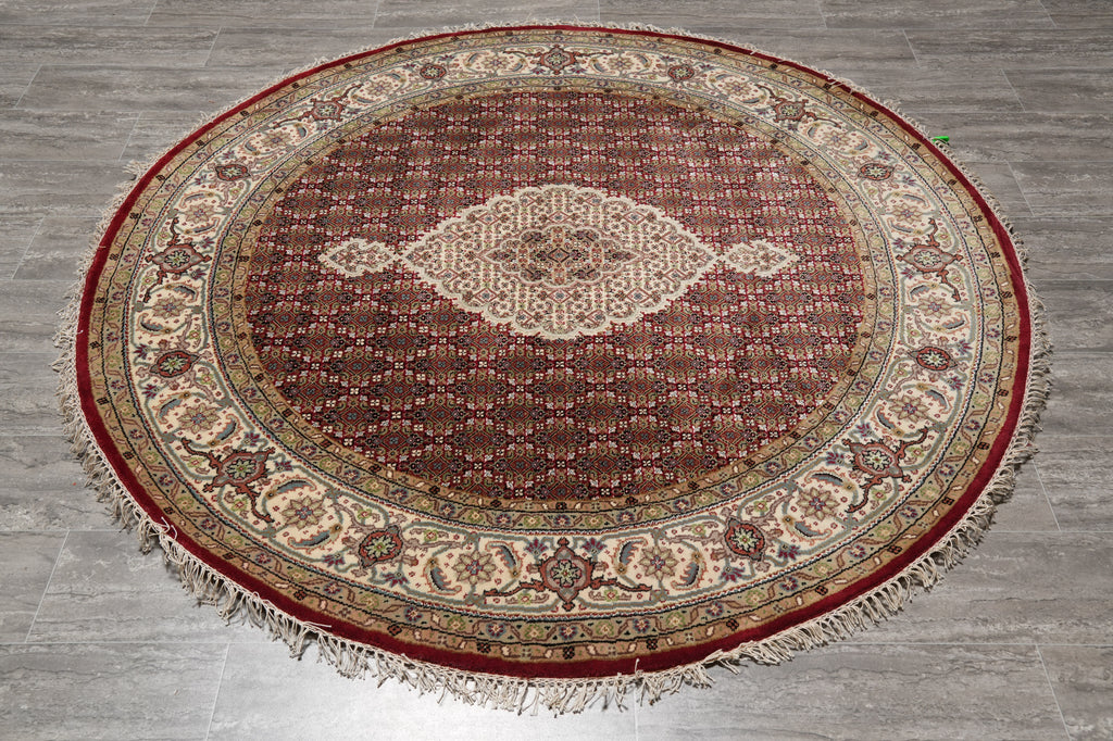 6 Feet Round Mahi Tabriz Quality Rug Wool and Silk Handmade India #F-4634