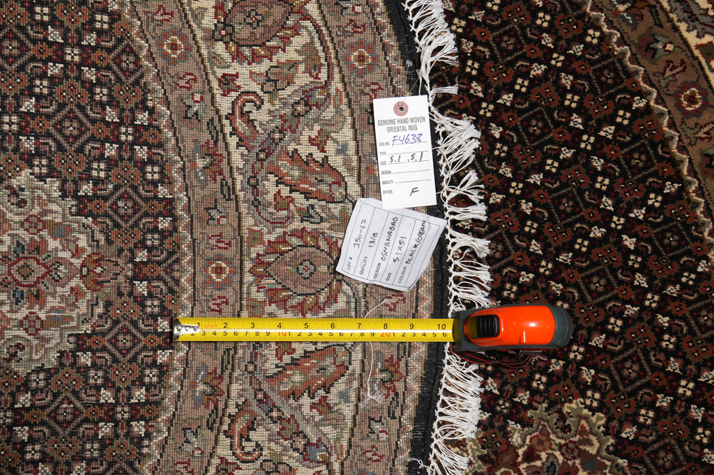 5 x 5 Feet Round Quality Handmade Rug Wool and Silk Black Mahi Tabriz #F-4638