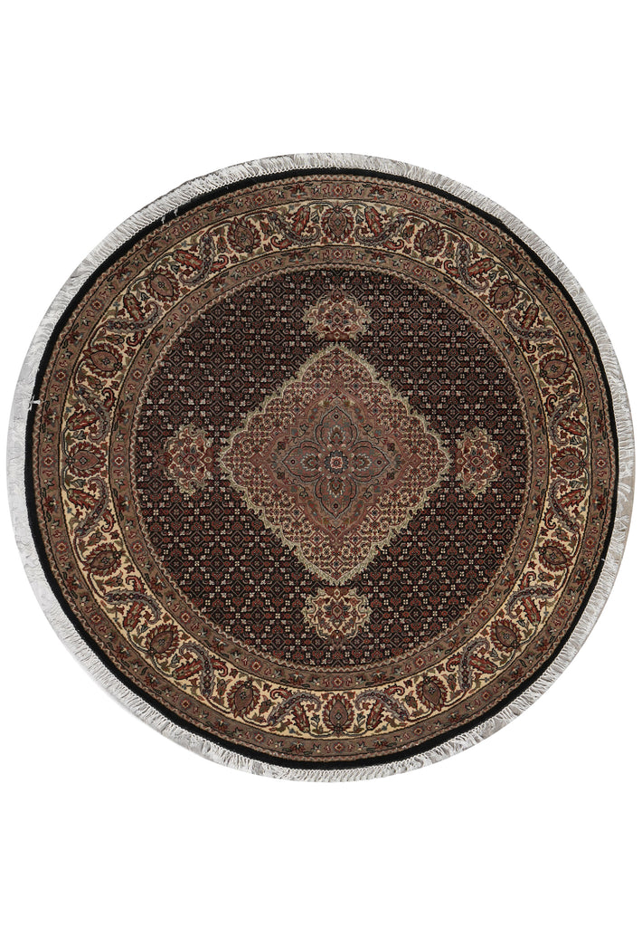 5 x 5 Feet Round Quality Handmade Rug Wool and Silk Black Mahi Tabriz