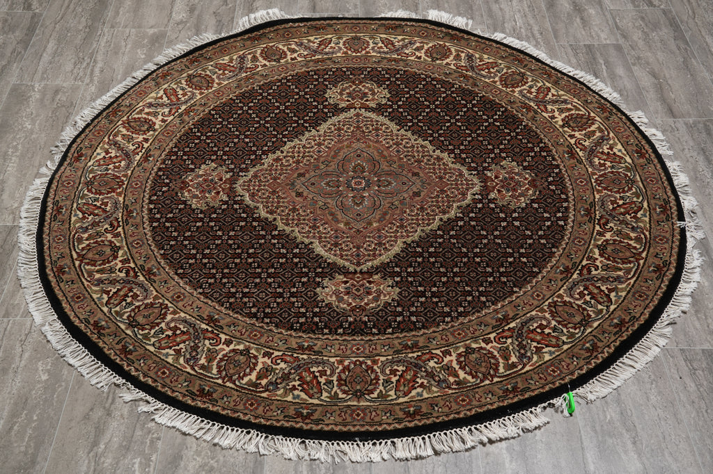 5 x 5 Feet Round Quality Handmade Rug Wool and Silk Black Mahi Tabriz #F-4638