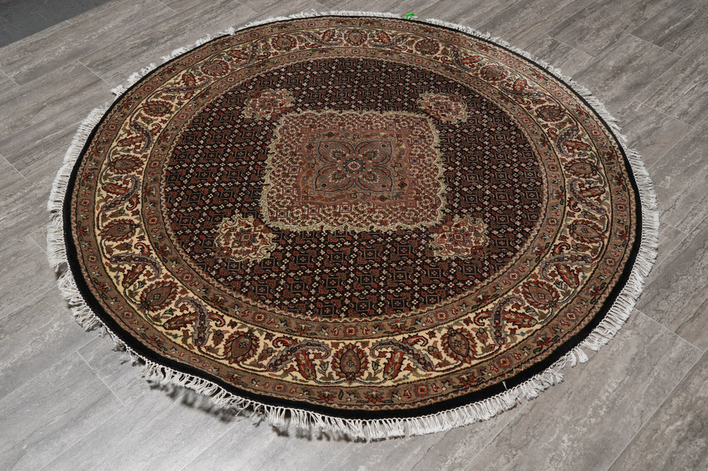 5 x 5 Feet Round Quality Handmade Rug Wool and Silk Black Mahi Tabriz #F-4638