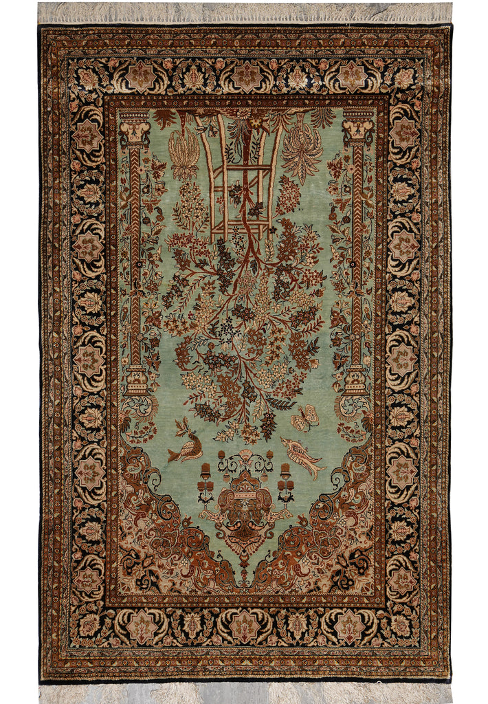 3.7 x 5.9 Green Silk Rug Authentic Persian Qom Carpet 